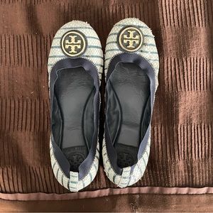 Tory Burch Caroline flats in navy stripes, size 7